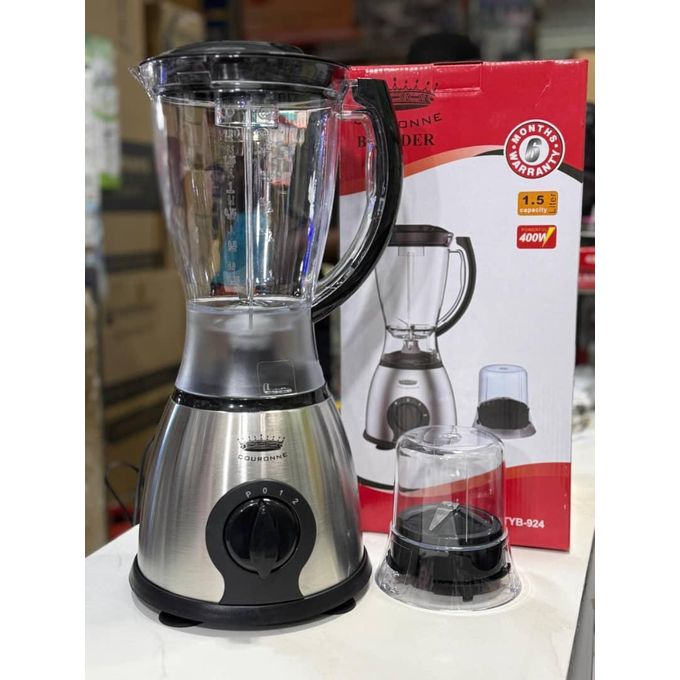 Couronne TYB-924 Kitchen Blender with Grinding Jar – 1.5 Litre Capacity, 2-Speed Control with Pulse, 400W High Speed Mixer for Smoothies & Spices – Silver/Black