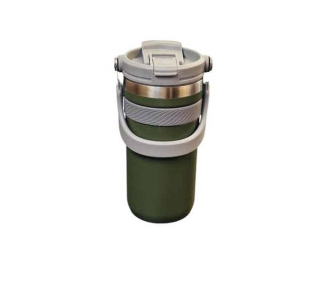Travel Mug Tumbler With Straw Lid And Handle 550ML Travel Coffee Mug Portable Vacuum Stainless Steel Reusable Insulated Thermos Flask For Hot & Cold Drinks/Coffee/Tea/Beer (Olive Green)