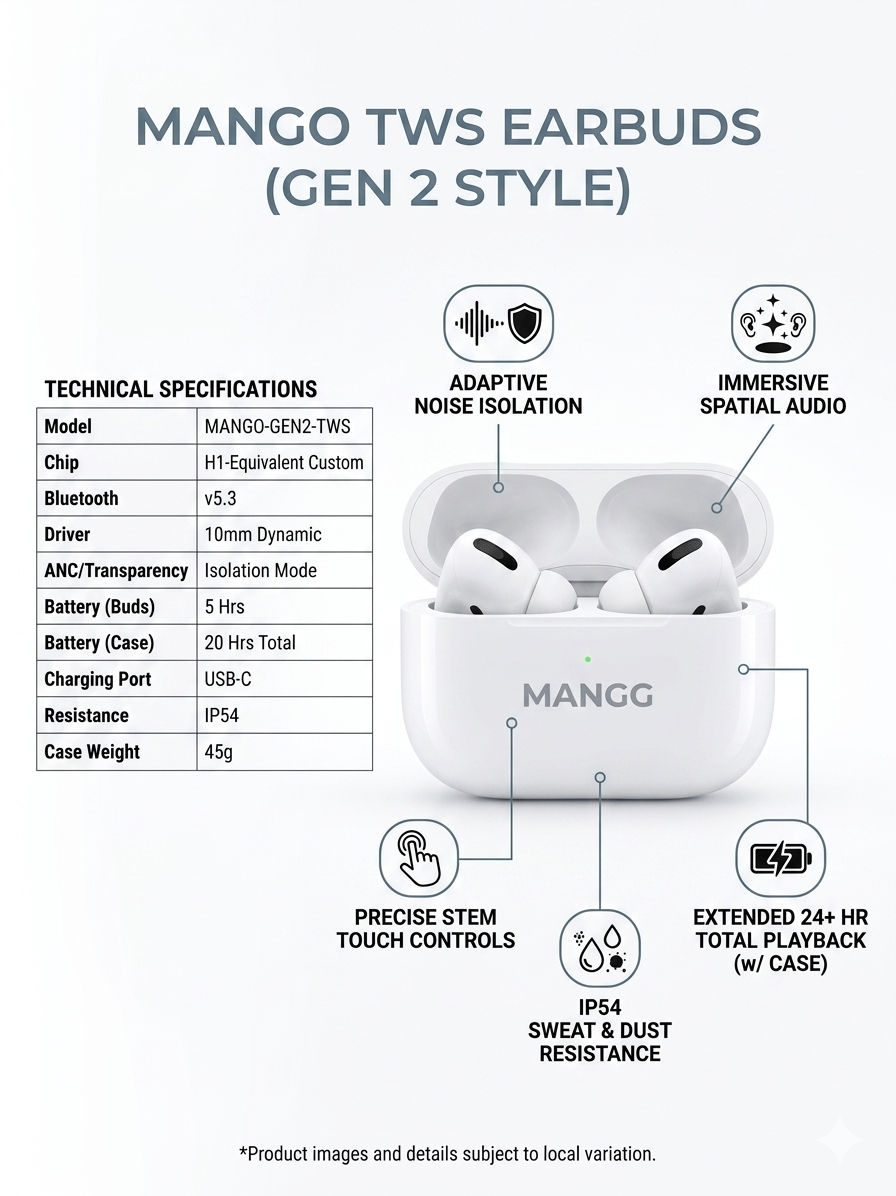 MANGO MG-Air4 TWS Wireless Earbuds – Premium Quality True Wireless Stereo Headphones with Fast Charging Case – Sleek & Ergonomic Design