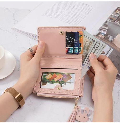 Mode Women's Wallet PU Leather Short Zipper Simple Fashion Purse - PinkShort wallet with splicing design features 5 card holders, 1 photo holder and 1 note compartment, which is quite a large capacity