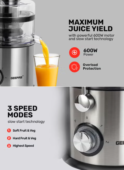 Geepas 800W Powerful Juice Extractor | 75mm Wide Mouth for Whole Fruits | 2.2L Extra-Large Pulp Container | Stainless Steel Body | 2-Speed Control with Pulse Function