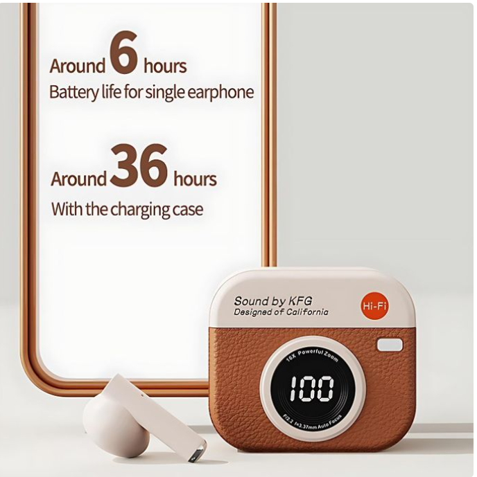 GtyGo Wireless Headphones Bluetooth 5.4 Earphones Sport Earbuds Headset LED Display orange Camera shape