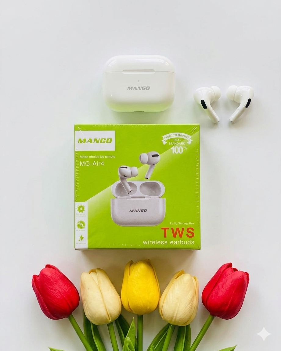 MANGO MG-Air4 TWS Wireless Earbuds – Premium Quality True Wireless Stereo Headphones with Fast Charging Case – Sleek & Ergonomic Design