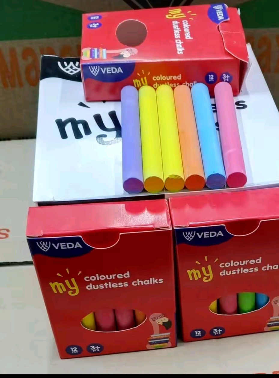 Veda My Colored and white Dustless Chalks, which are specifically designed to minimize dust while writing.
