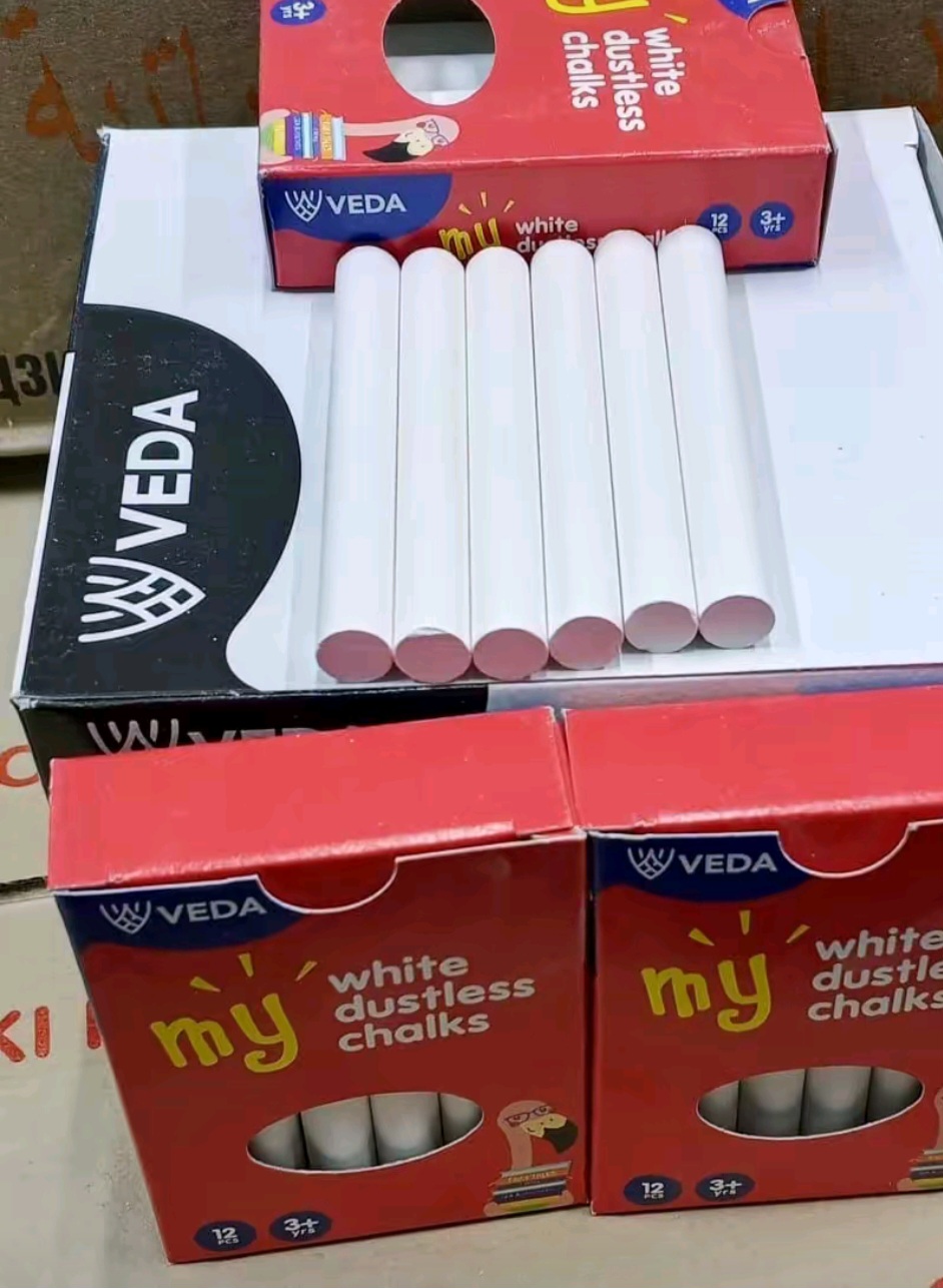 Veda My Colored and white Dustless Chalks, which are specifically designed to minimize dust while writing.