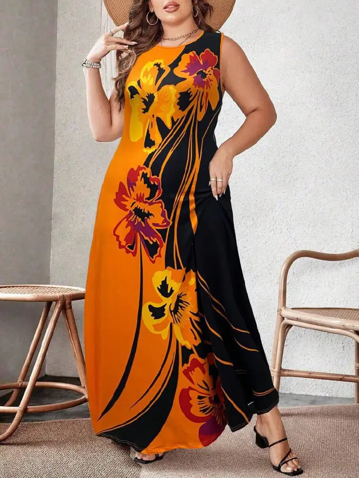 Plus Size Floral Print Sleeveless Maxi Dress, Round Neck A-Line Long Dress, Casual Summer Beach Dress for Women.