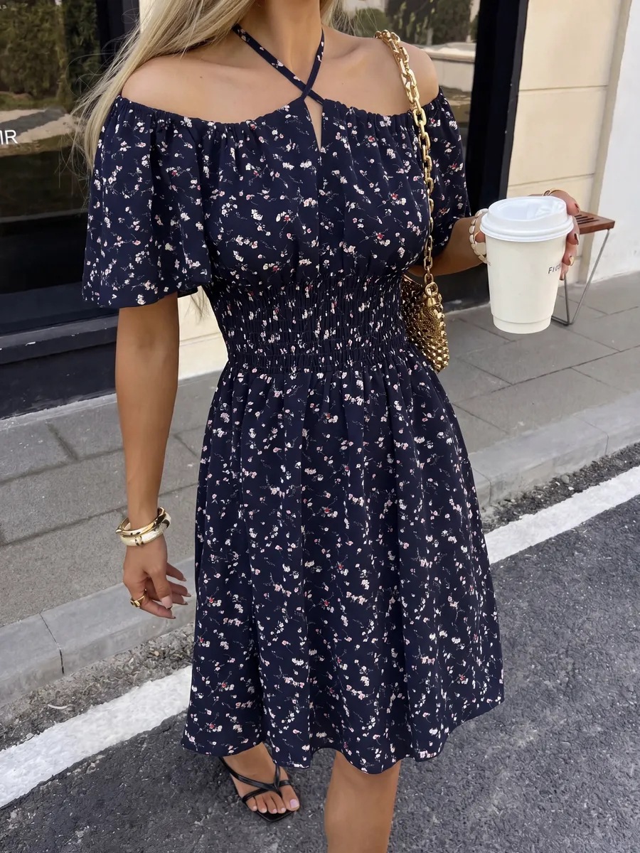 Women's Off Shoulder Floral Print Mini Dress, Short Sleeve High Waist A-Line Dress, Casual Summer Beach Party Dress.