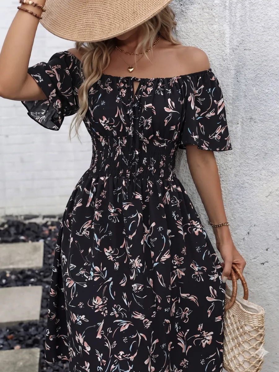 Women's Off Shoulder Floral Print Mini Dress, Short Sleeve High Waist A-Line Dress, Casual Summer Beach Party Dress.