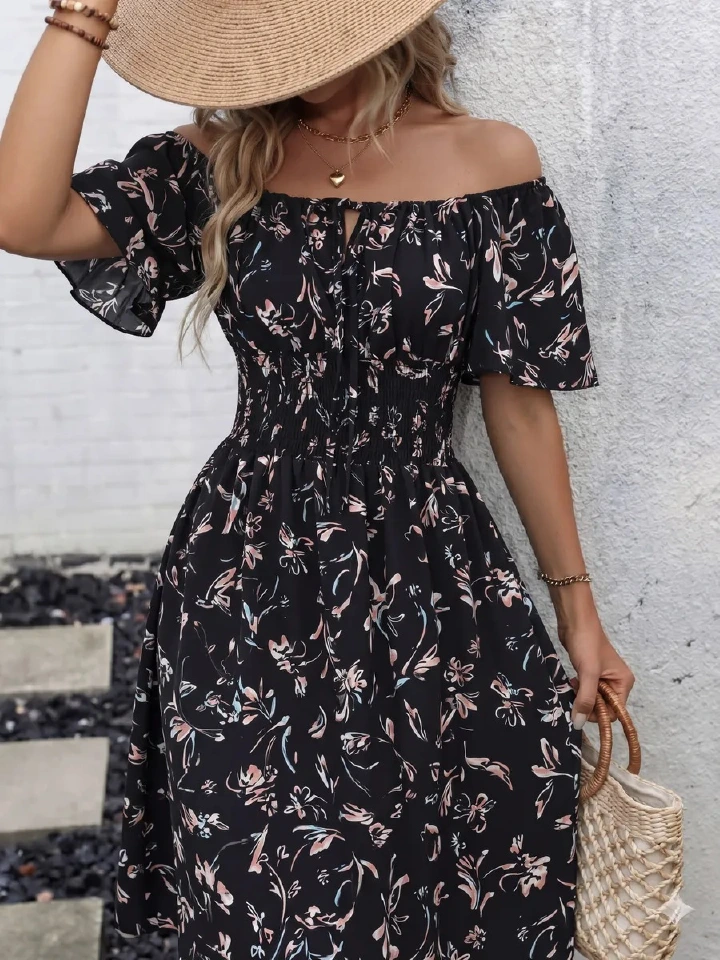 Women's Off Shoulder Floral Print Mini Dress, Short Sleeve High Waist A-Line Dress, Casual Summer Beach Party Dress.