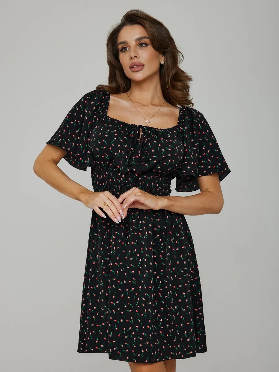 Women's Off Shoulder Floral Print Mini Dress, Short Sleeve High Waist A-Line Dress, Casual Summer Beach Party Dress.