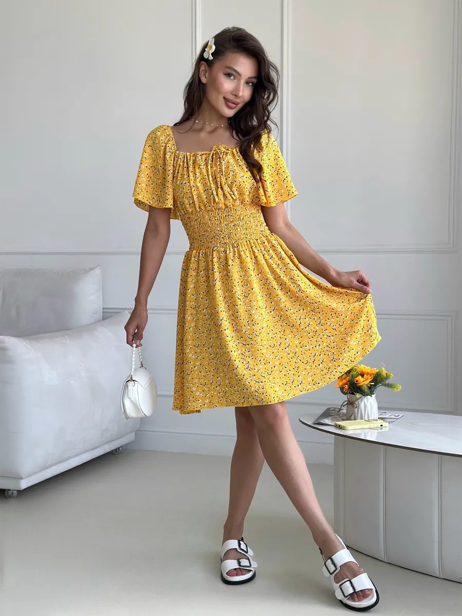Women's Off Shoulder Floral Print Mini Dress, Short Sleeve High Waist A-Line Dress, Casual Summer Beach Party Dress.