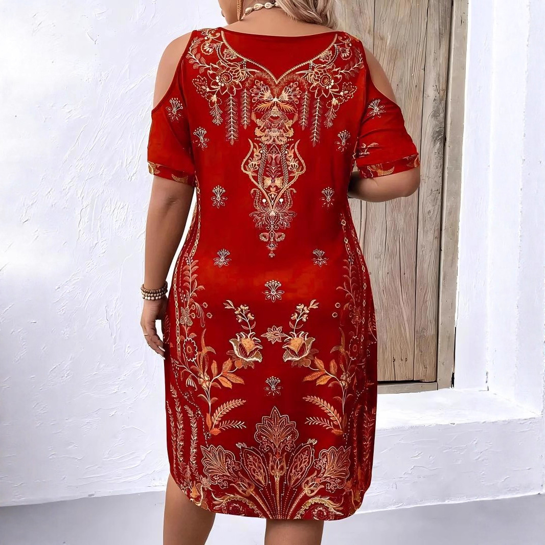 Plus Size Boho Print Cold Shoulder Dress, V-Neck Short Sleeve Casual A-Line Mini Dress, Lightweight Summer Dress for Women