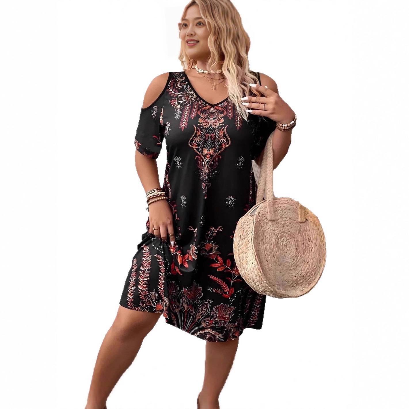 Plus Size Boho Print Cold Shoulder Dress, V-Neck Short Sleeve Casual A-Line Mini Dress, Lightweight Summer Dress for Women