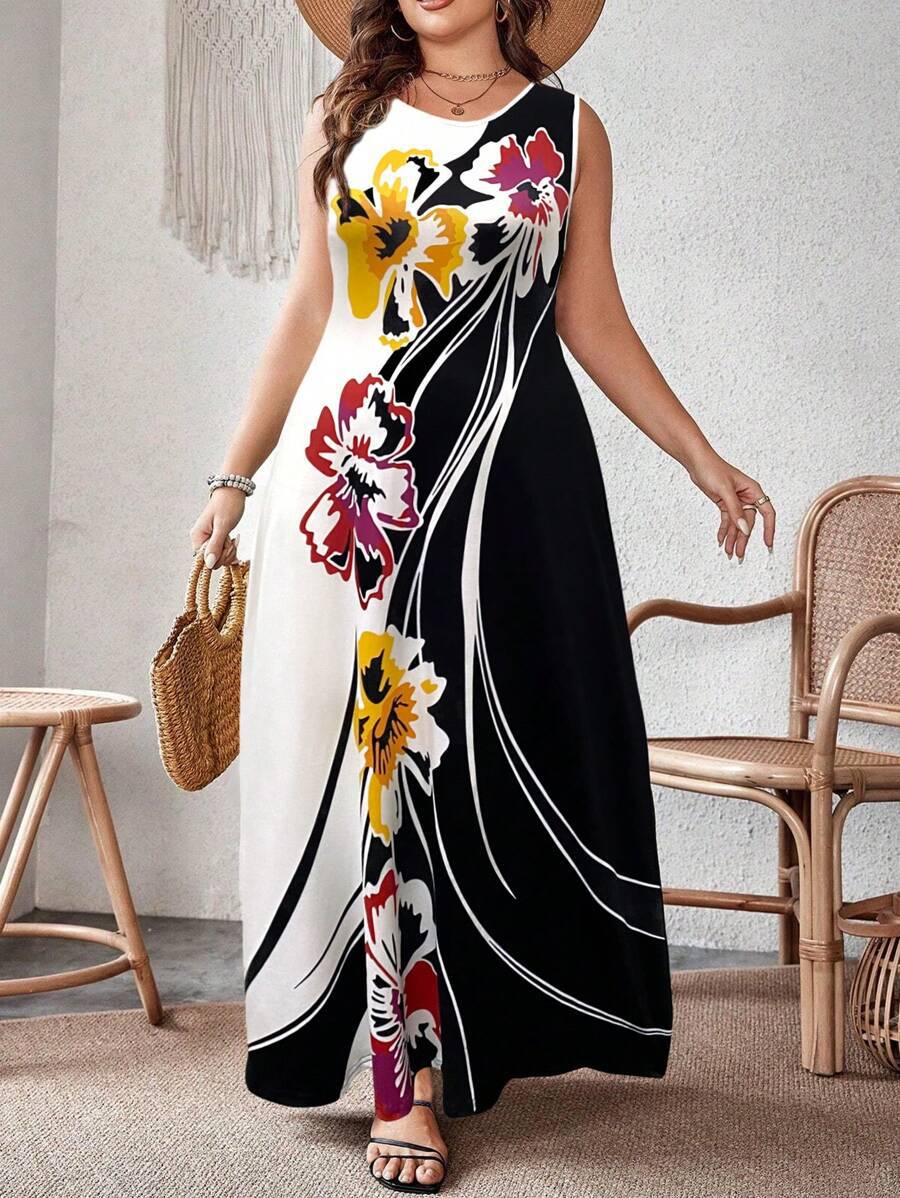 Plus Size Floral Print Sleeveless Maxi Dress, Round Neck A-Line Long Dress, Casual Summer Beach Dress for Women.
