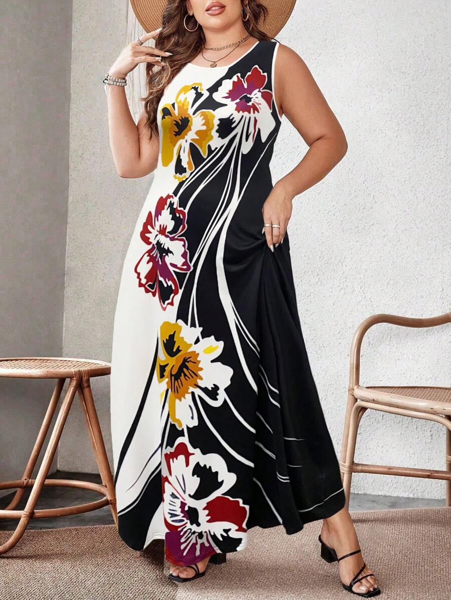 Plus Size Floral Print Sleeveless Maxi Dress, Round Neck A-Line Long Dress, Casual Summer Beach Dress for Women.
