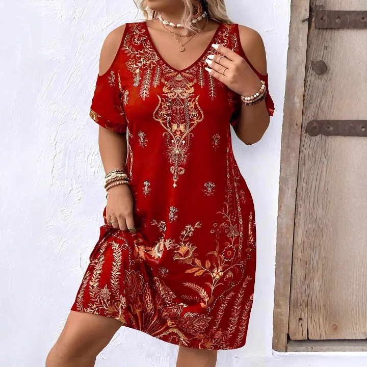 Plus Size Boho Print Cold Shoulder Dress, V-Neck Short Sleeve Casual A-Line Mini Dress, Lightweight Summer Dress for Women