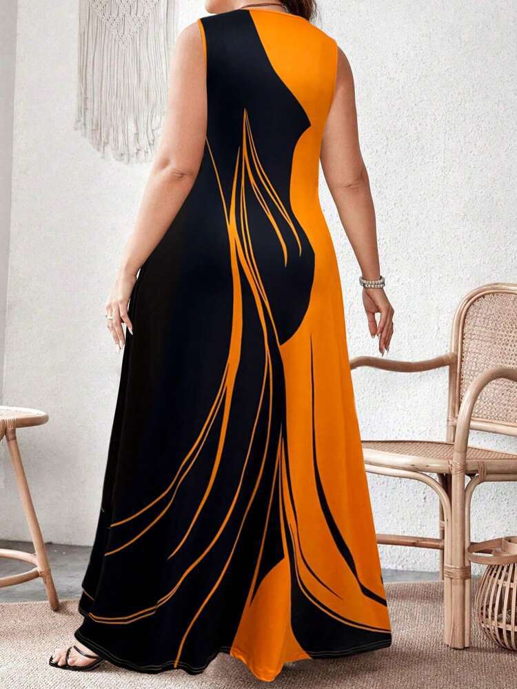 Plus Size Floral Print Sleeveless Maxi Dress, Round Neck A-Line Long Dress, Casual Summer Beach Dress for Women.