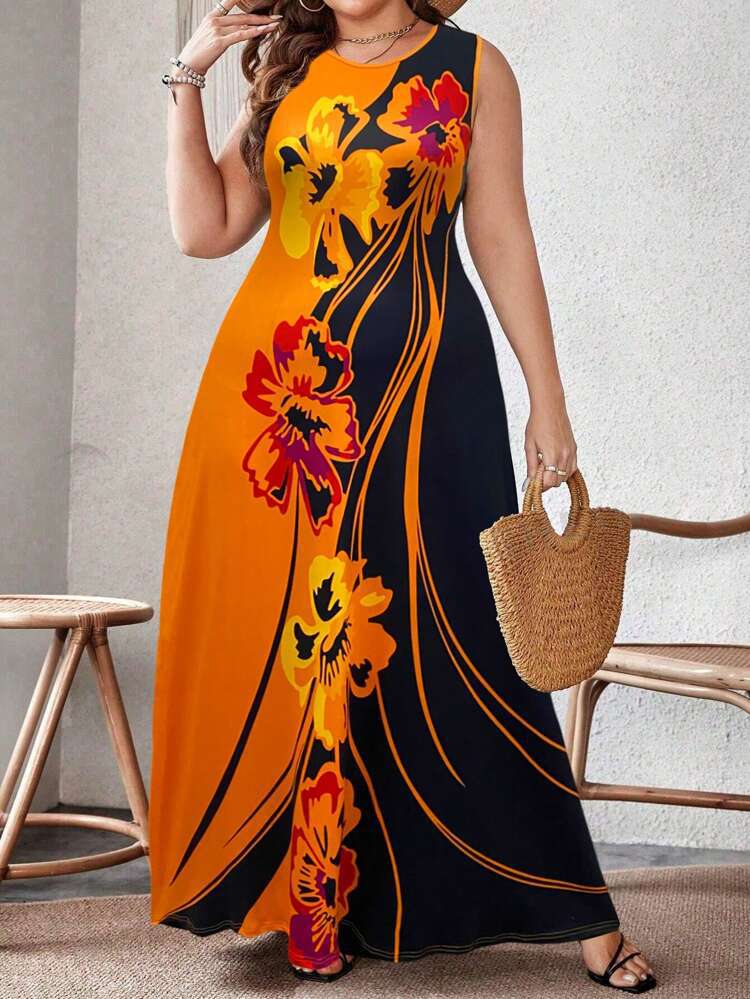 Plus Size Floral Print Sleeveless Maxi Dress, Round Neck A-Line Long Dress, Casual Summer Beach Dress for Women.