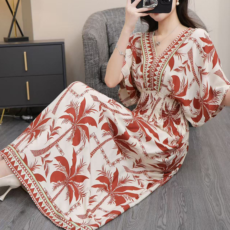 Women's Ethnic Floral Print Maxi Dress, V-Neck Batwing Sleeve Elastic Waist Summer Dress, Boho Casual Long Dress for Women, One Size
