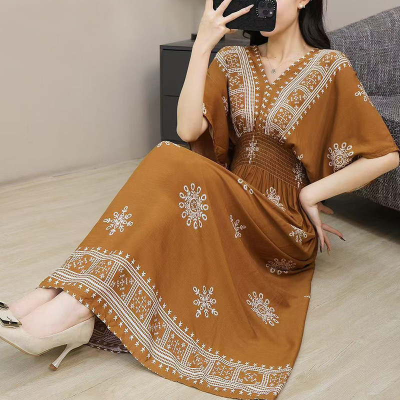 Women's Ethnic Floral Print Maxi Dress, V-Neck Batwing Sleeve Elastic Waist Summer Dress, Boho Casual Long Dress for Women, One Size