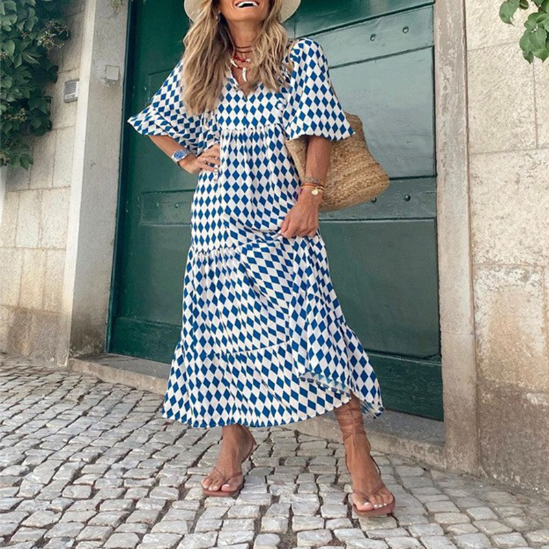 Women's Geometric Print V-Neck Maxi Dress, Long Puff Sleeve Loose Tiered Casual Dress for Women.