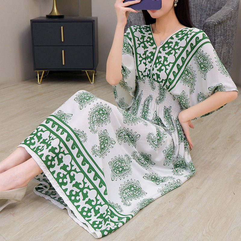 Women's Ethnic Floral Print Maxi Dress, V-Neck Batwing Sleeve Elastic Waist Summer Dress, Boho Casual Long Dress for Women, One Size