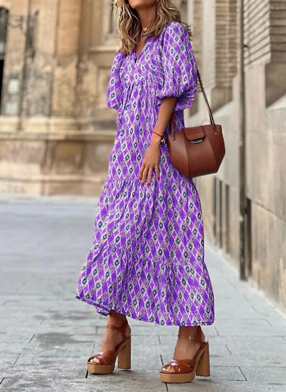 Women's Geometric Print V-Neck Maxi Dress, Long Puff Sleeve Loose Tiered Casual Dress for Women.