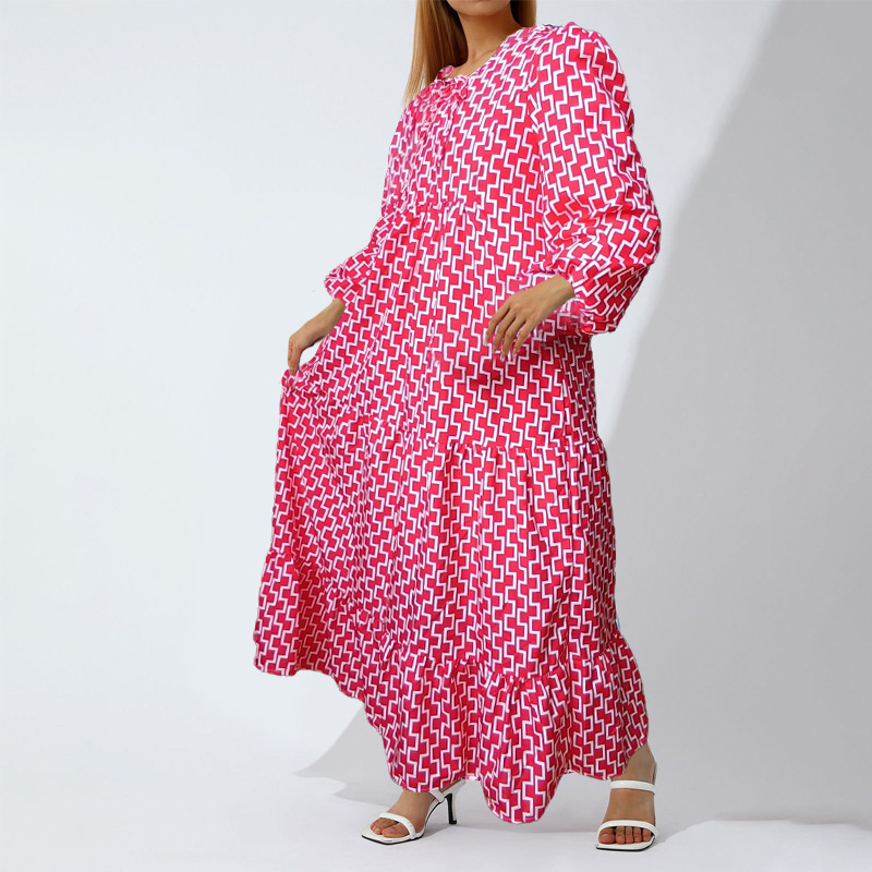 Women's Geometric Print V-Neck Maxi Dress, Long Puff Sleeve Loose Tiered Casual Dress for Women.