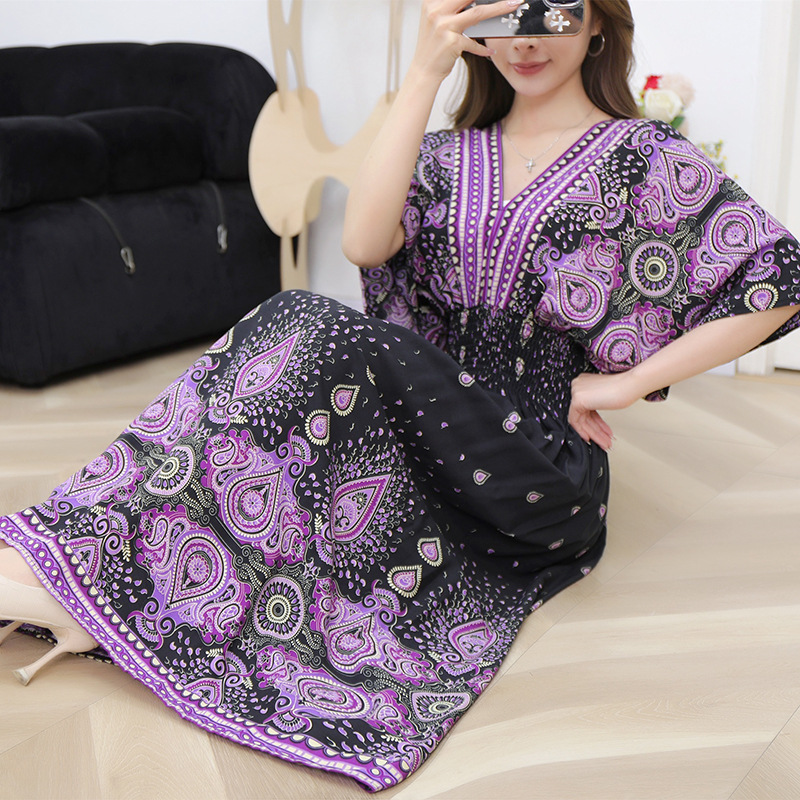 Women's Ethnic Floral Print Maxi Dress, V-Neck Batwing Sleeve Elastic Waist Summer Dress, Boho Casual Long Dress for Women, One Size
