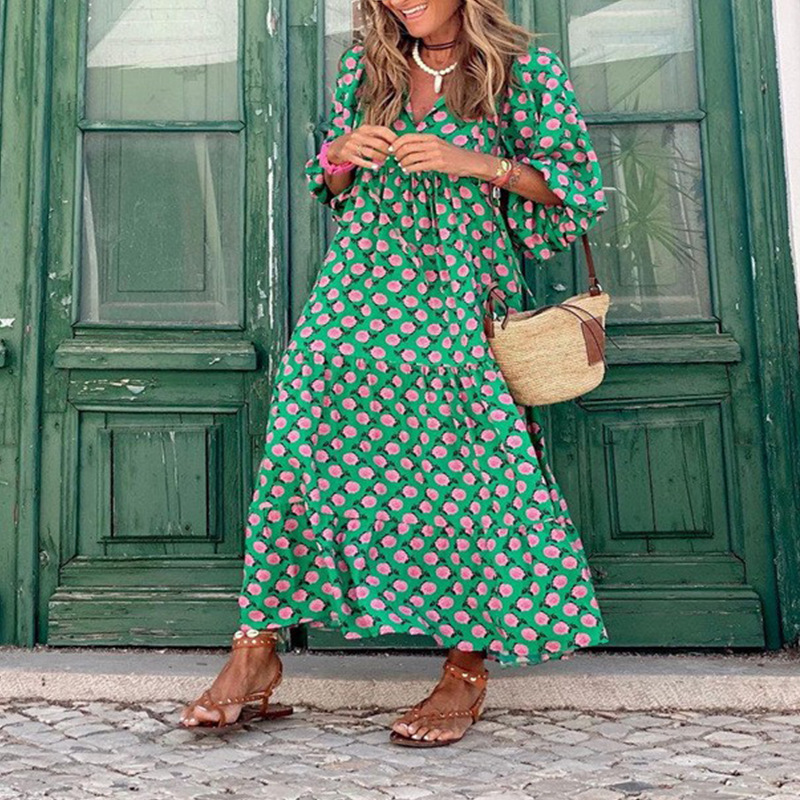 Women's Geometric Print V-Neck Maxi Dress, Long Puff Sleeve Loose Tiered Casual Dress for Women.