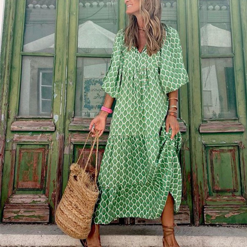 Women's Geometric Print V-Neck Maxi Dress, Long Puff Sleeve Loose Tiered Casual Dress for Women.