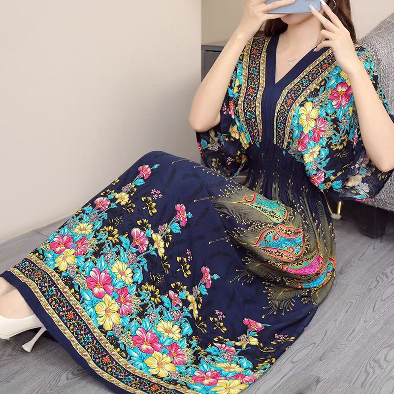 Women's Ethnic Floral Print Maxi Dress, V-Neck Batwing Sleeve Elastic Waist Summer Dress, Boho Casual Long Dress for Women, One Size