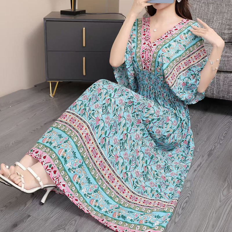 Women's Ethnic Floral Print Maxi Dress, V-Neck Batwing Sleeve Elastic Waist Summer Dress, Boho Casual Long Dress for Women, One Size