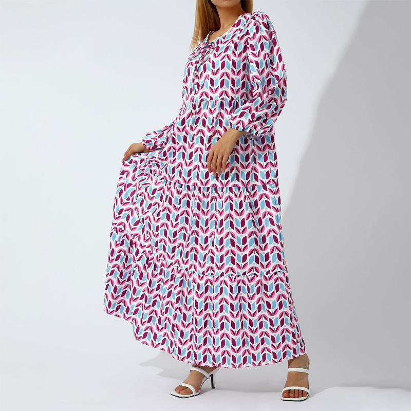 Women's Geometric Print V-Neck Maxi Dress, Long Puff Sleeve Loose Tiered Casual Dress for Women.