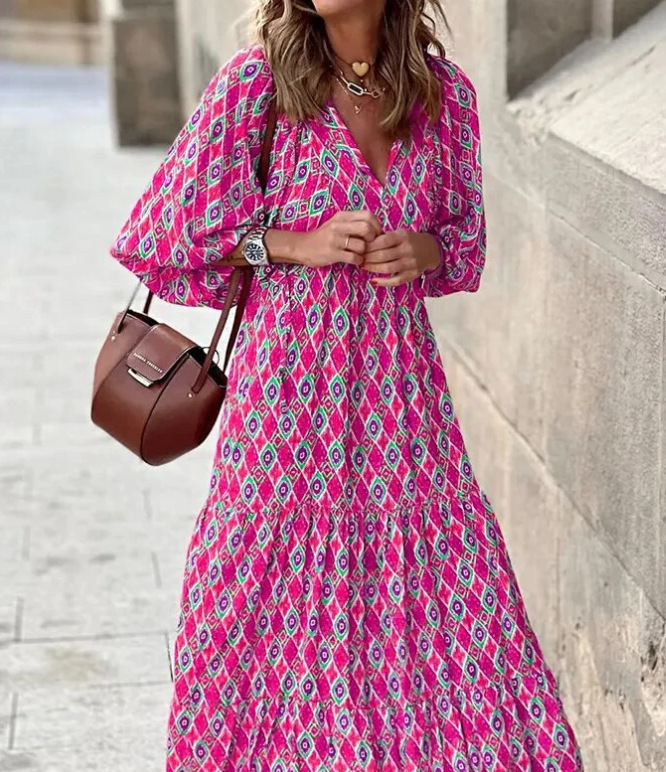 Women's Geometric Print V-Neck Maxi Dress, Long Puff Sleeve Loose Tiered Casual Dress for Women.
