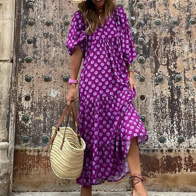 Women's Geometric Print V-Neck Maxi Dress, Long Puff Sleeve Loose Tiered Casual Dress for Women.