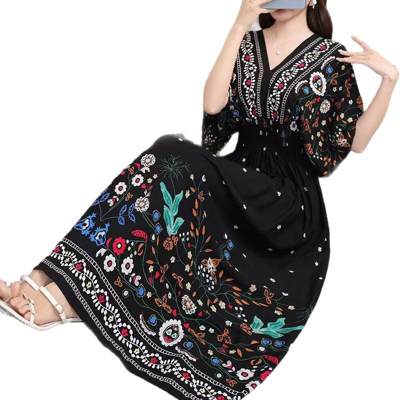 Women's Ethnic Floral Print Maxi Dress, V-Neck Batwing Sleeve Elastic Waist Summer Dress, Boho Casual Long Dress for Women, One Size