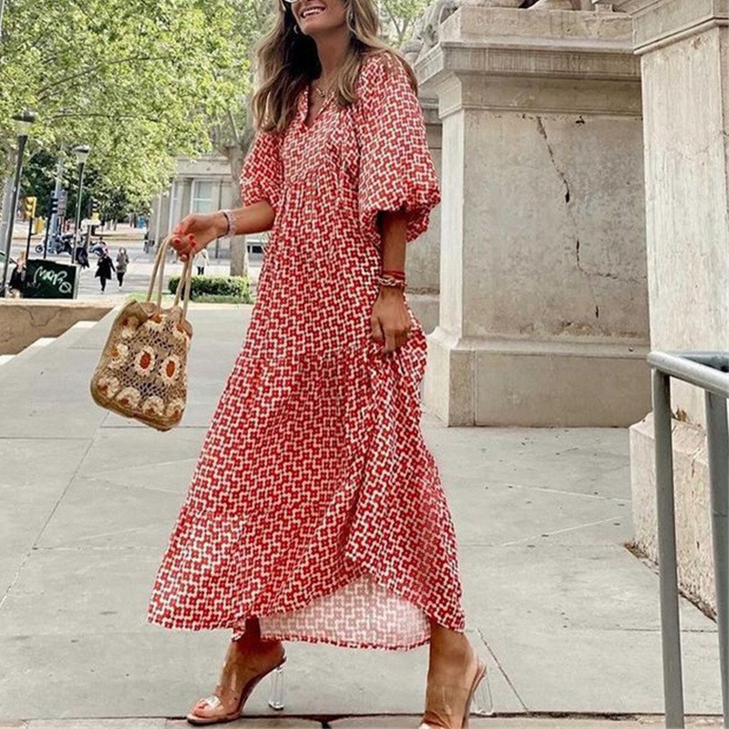 Women's Geometric Print V-Neck Maxi Dress, Long Puff Sleeve Loose Tiered Casual Dress for Women.
