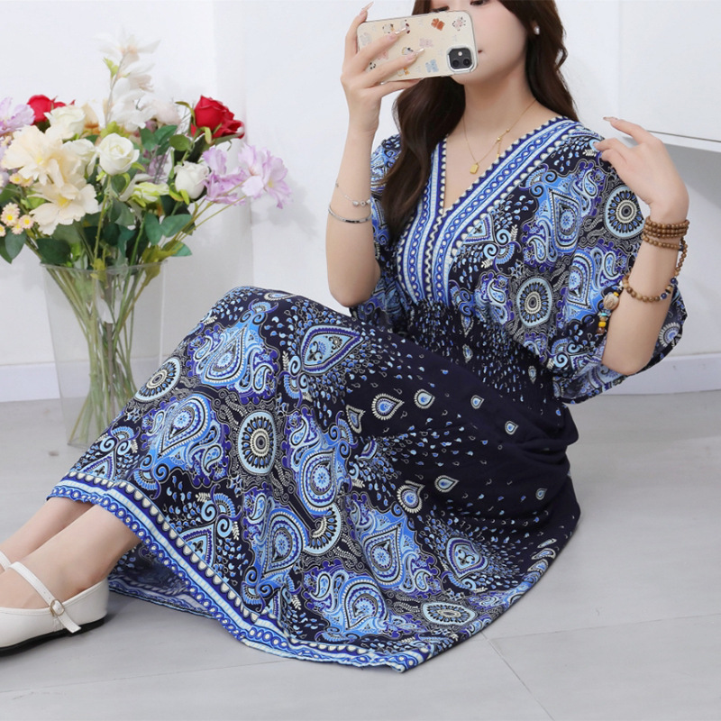 Women's Ethnic Floral Print Maxi Dress, V-Neck Batwing Sleeve Elastic Waist Summer Dress, Boho Casual Long Dress for Women, One Size