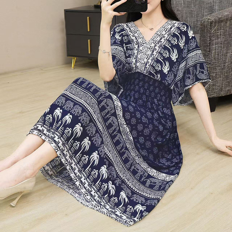 Women's Ethnic Floral Print Maxi Dress, V-Neck Batwing Sleeve Elastic Waist Summer Dress, Boho Casual Long Dress for Women, One Size