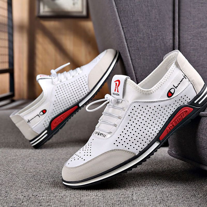 Men's Spring/Summer Leather Casual Shoes - Korean Style Versatile Slip-On Loafers with Soft Non-Slip Soles, Hollow Breathable Driving Shoes