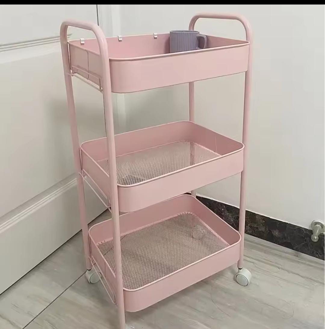3-Tier Metal Storage Trolley with Wheels – Heavy Duty Multi-Layer Organizer for Home & Office, Rolling Utility Cart for Kitchen, Bathroom & Workspace Storage