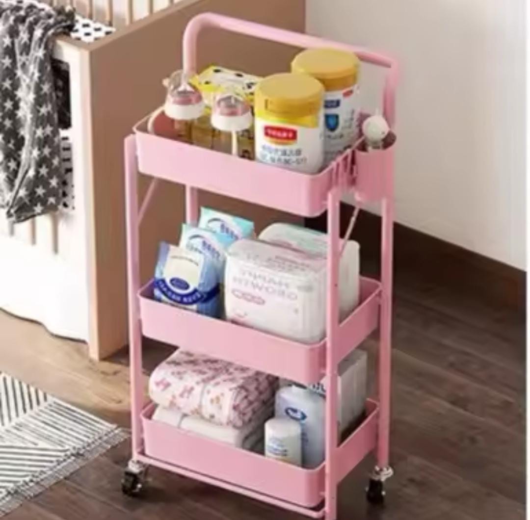 3-Tier Metal Storage Trolley with Wheels – Heavy Duty Multi-Layer Organizer for Home & Office, Rolling Utility Cart for Kitchen, Bathroom & Workspace Storage