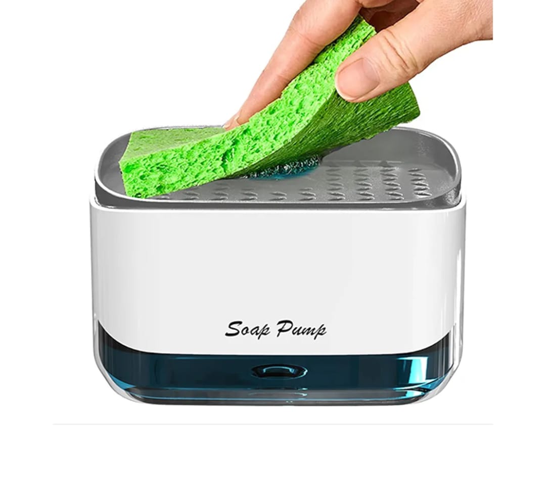 2-in-1 Kitchen Soap Dispenser with Sponge Holder – Heavy Plastic Liquid Soap Pump, Countertop Sink Organizer for Dishwashing, Compact Kitchen Cleaning Accessory