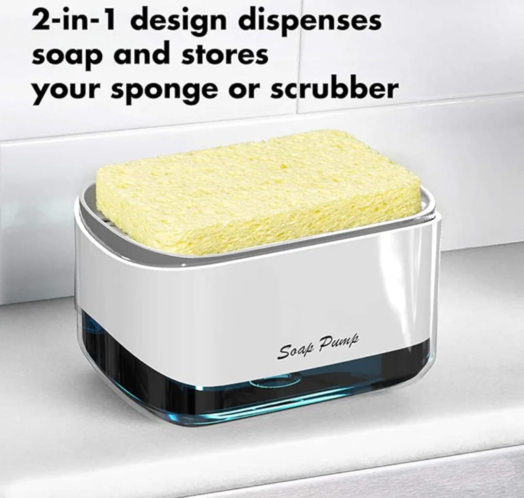 2-in-1 Kitchen Soap Dispenser with Sponge Holder – Heavy Plastic Liquid Soap Pump, Countertop Sink Organizer for Dishwashing, Compact Kitchen Cleaning Accessory