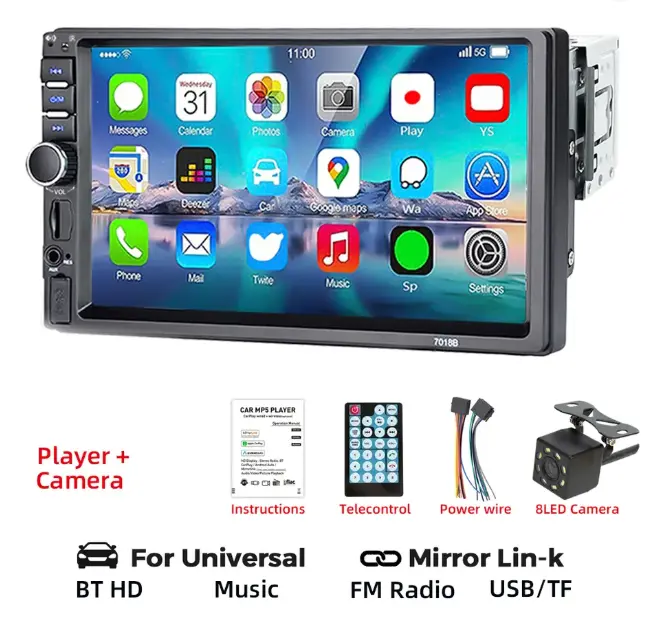 7 Inch Car Radio MP5 Multimedia Player Touch Screen FM ISO Power Aux Input Bluetooth USB Mirror Link Autoradio