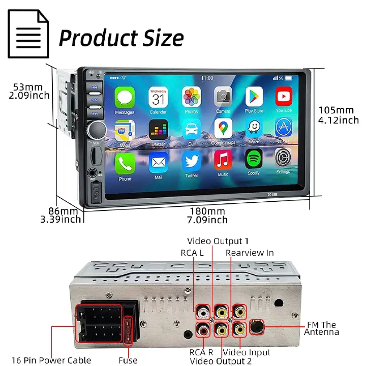 7 Inch Car Radio MP5 Multimedia Player Touch Screen FM ISO Power Aux Input Bluetooth USB Mirror Link Autoradio