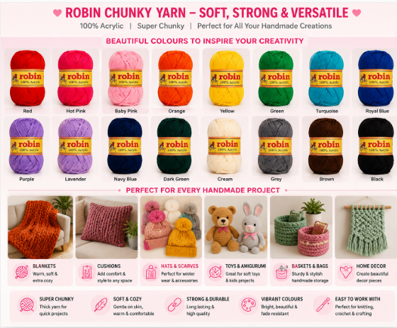 Robin 4ply Acrylic Crochet Yarn  – Chunky Knitting & Braiding Wool Thread ⚡ Only a few units left at this price! 🔥⚡  24HRS Dispatch