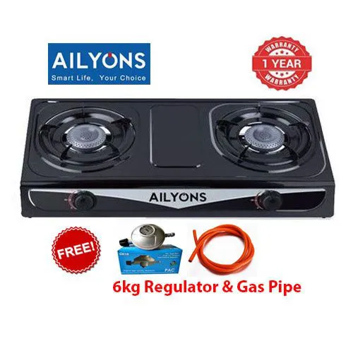 AILYONS Table Top Stainless Steel 2 Burner Gas Cooker Plus 6kg Regulator,1.5m Pipe And Free Tightening Clips