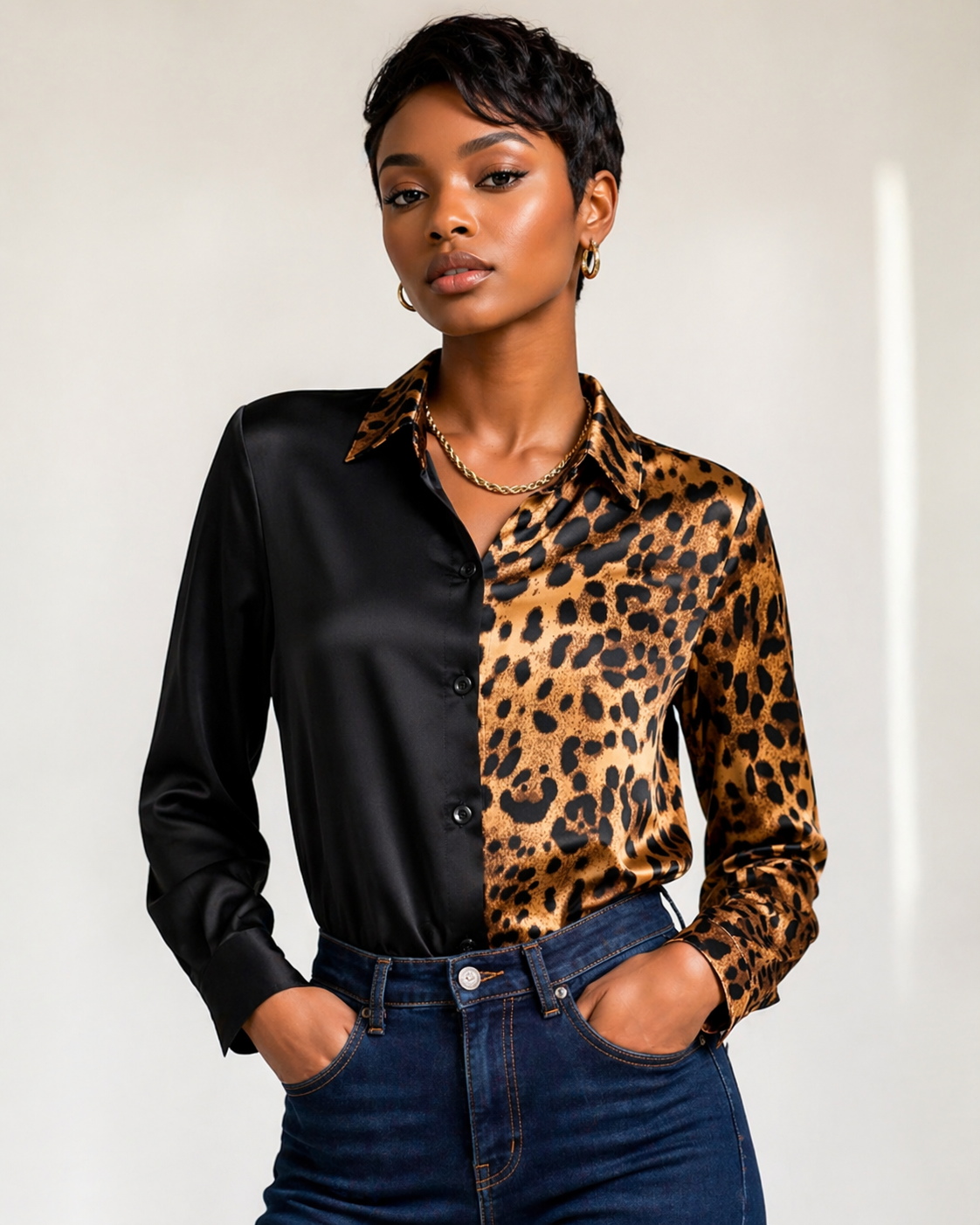 Women Leopard Patchwork Satin Shirt Long Sleeve Button Down Blouse Elegant Office Lady Top Casual Loose Fit Kenya Fashion Clothing